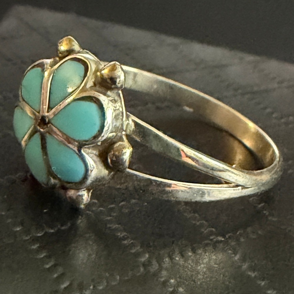 Vintage Sterling Silver Turquoise Ring Southwest Inlay Split Shank Size 9 - Picture 8 of 11